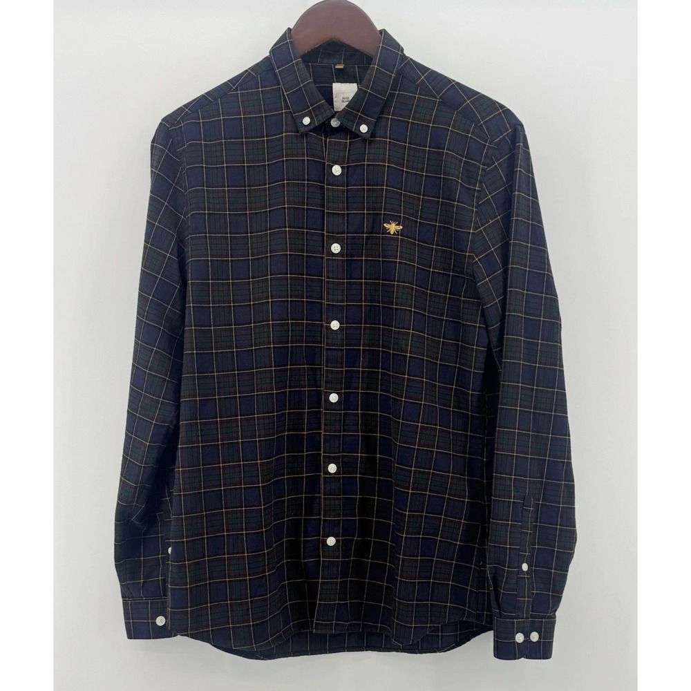 Men's River Island Blue Green Yellow Check Long Sleeve Button-Up Shirt Size M